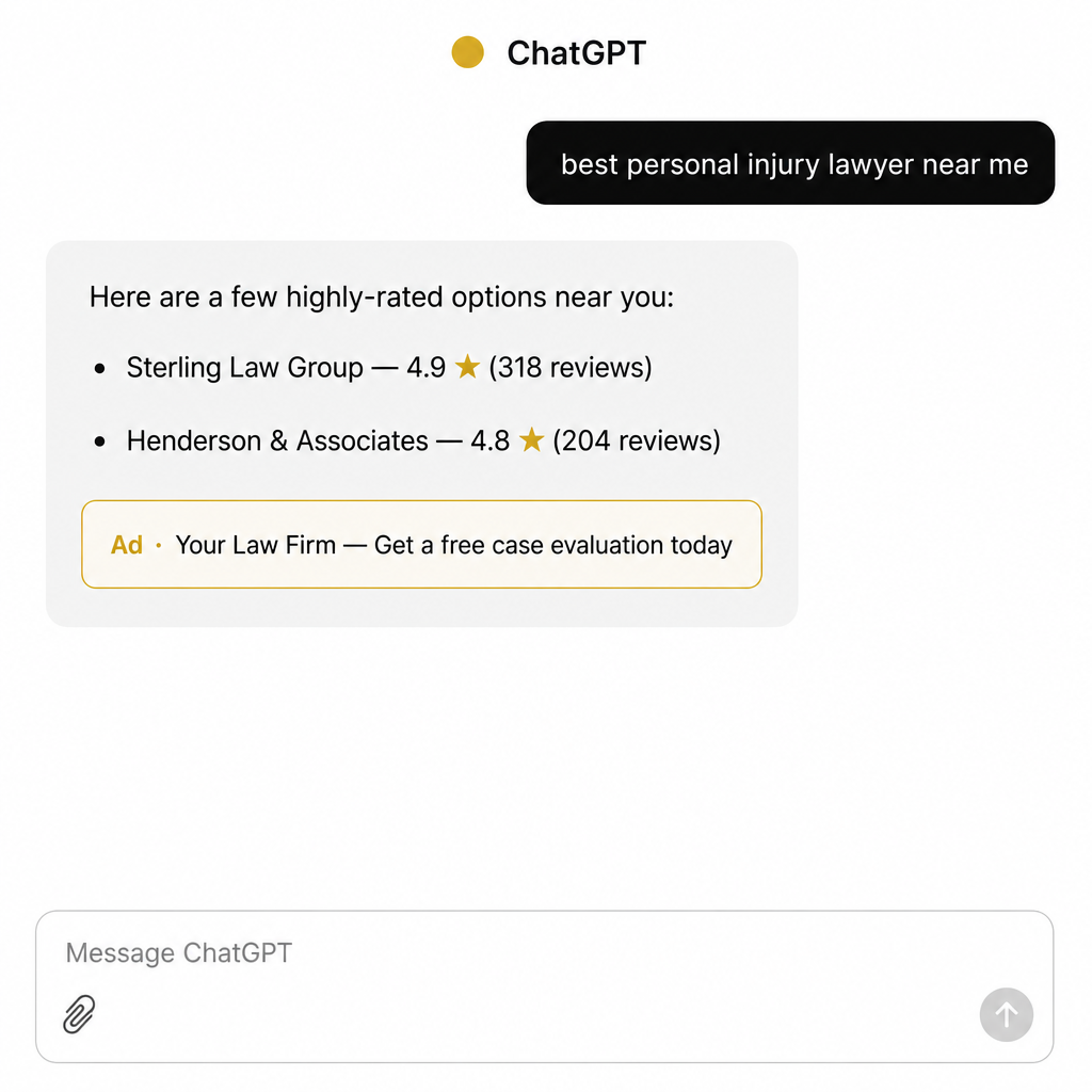 ChatGPT search for 'best personal injury lawyer near me' showing an ad placement for a law firm